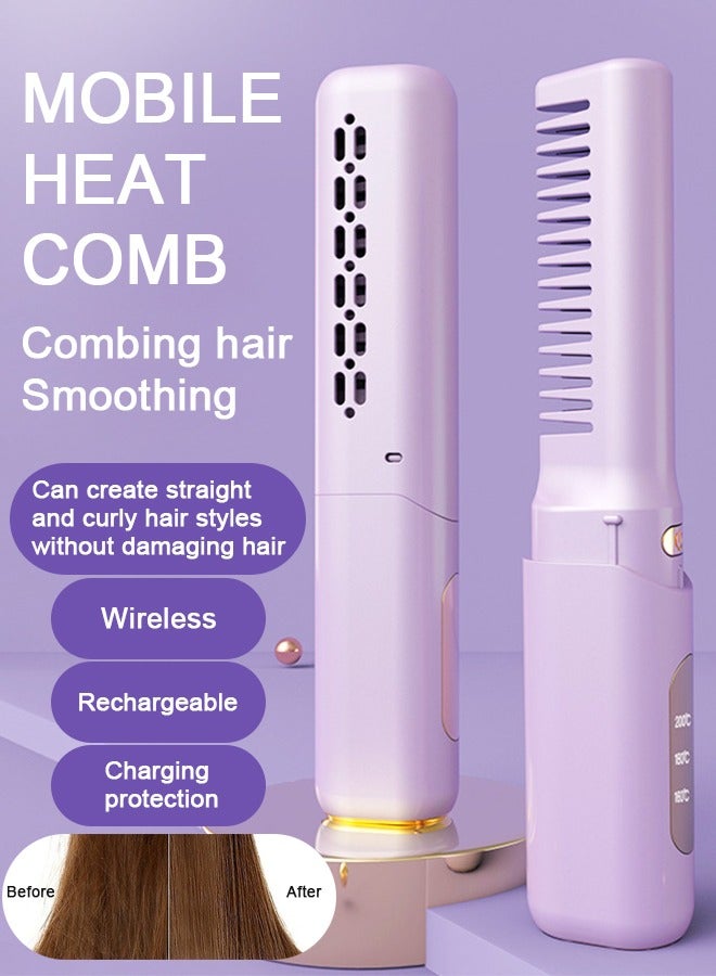NIBEMINENT Mobile Heat Comb Rechargeable Portable Wireless Generic Electric Splint Straight Hair Comb Purple 19X4X2.5CM - Image 1