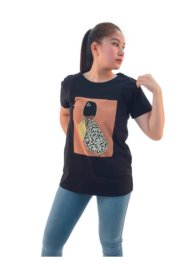 JOANNA تي شيرت نسائي بتصميم دائري من جوانا W203040 - أسود - M - Image 1