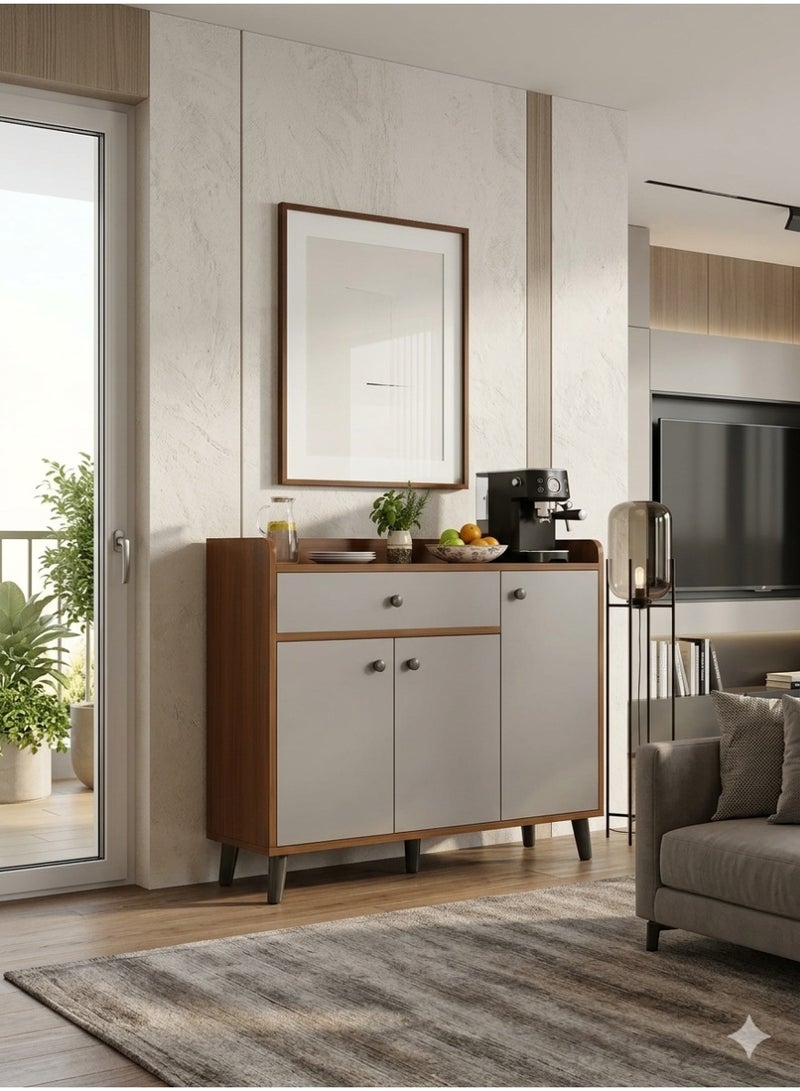 Multi-Purpose Sideboard, Coffee Corner and Shoe Organizer, with 3 Doors and 1 Drawer, for Entrance, Bedroom and Office, (brown-white) - Image 5