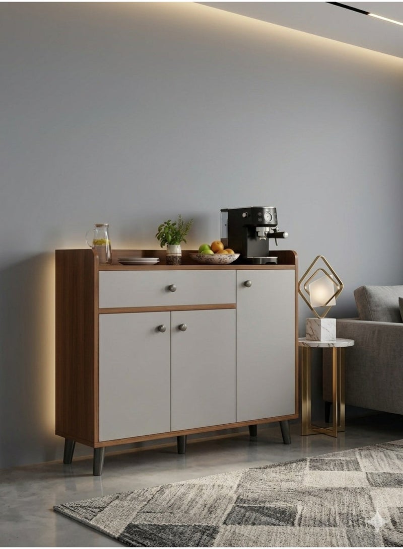 Multi-Purpose Sideboard, Coffee Corner and Shoe Organizer, with 3 Doors and 1 Drawer, for Entrance, Bedroom and Office, (brown-white) - Image 1