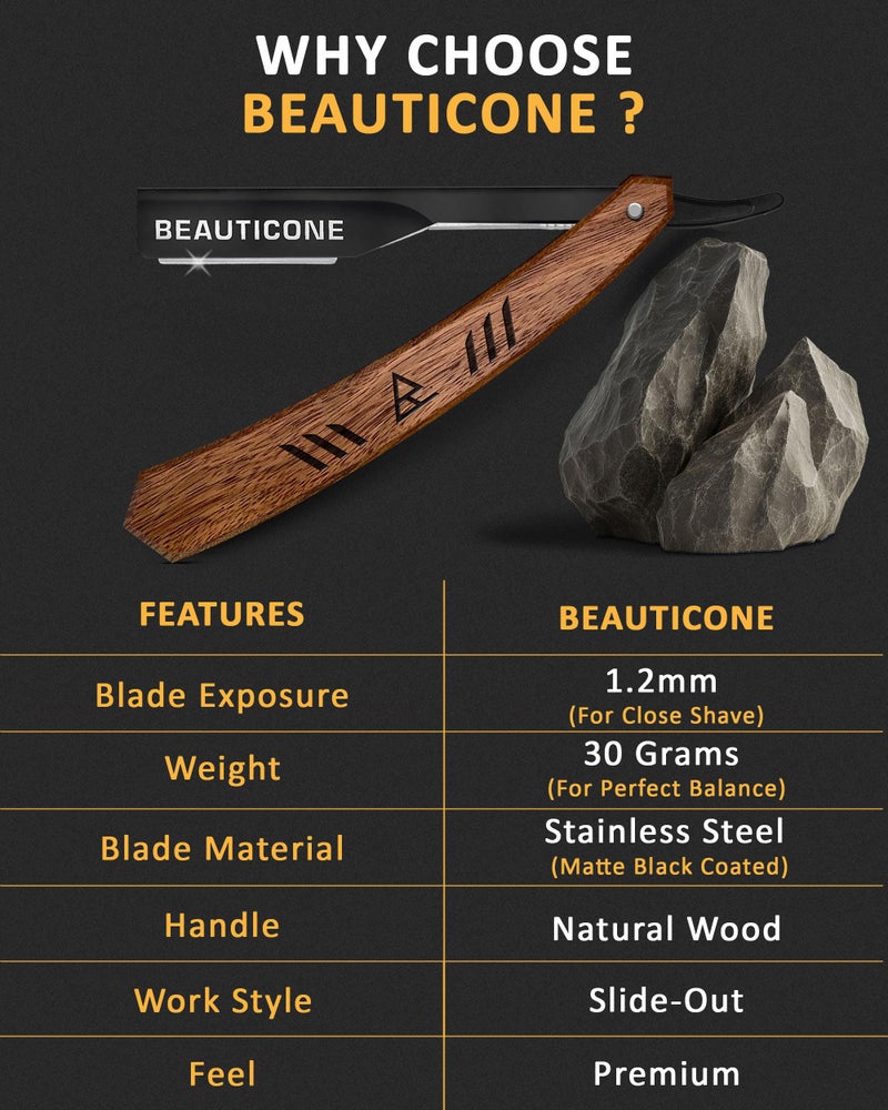 BEAUTICONE Straight Razors for Men, Straight Edge Razor with 100 Single Edge Blades, Stainless Steel, Barber Razor for Men's Shaving, Barber Shaving Knife, Wooden Handle, Slide-Out - Image 2