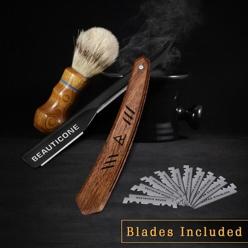 BEAUTICONE Straight Razors for Men, Straight Edge Razor with 100 Single Edge Blades, Stainless Steel, Barber Razor for Men's Shaving, Barber Shaving Knife, Wooden Handle, Slide-Out - Image 4