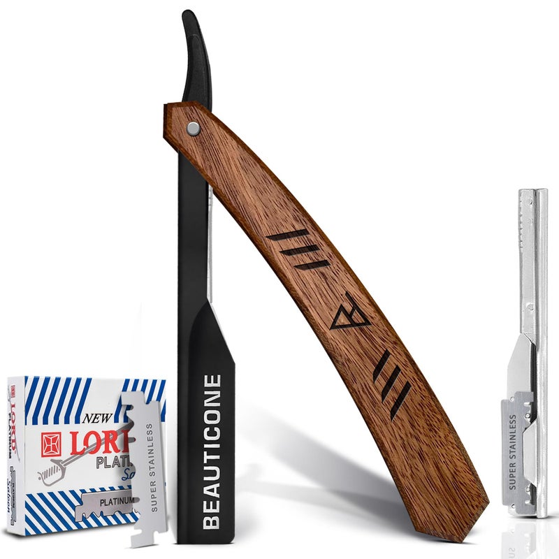 BEAUTICONE Straight Razors for Men, Straight Edge Razor with 100 Single Edge Blades, Stainless Steel, Barber Razor for Men's Shaving, Barber Shaving Knife, Wooden Handle, Slide-Out - Image 1