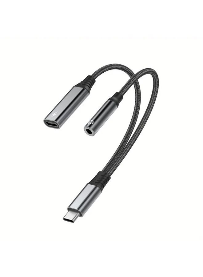 محول USB-C أسود إلى مقسم سماعة رأس 3.5 مم مع مقبس صوتي مزدوج لبث gamers المباشر - Image 1