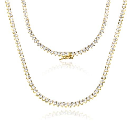 Gemsme 3 Prong 18K White/Yellow Gold Plated 3.0MM Round Cubic Zirconia Classic Tennis Necklace for Women, White Gold Plated, Brass, Cubic Zirconia - Image 1