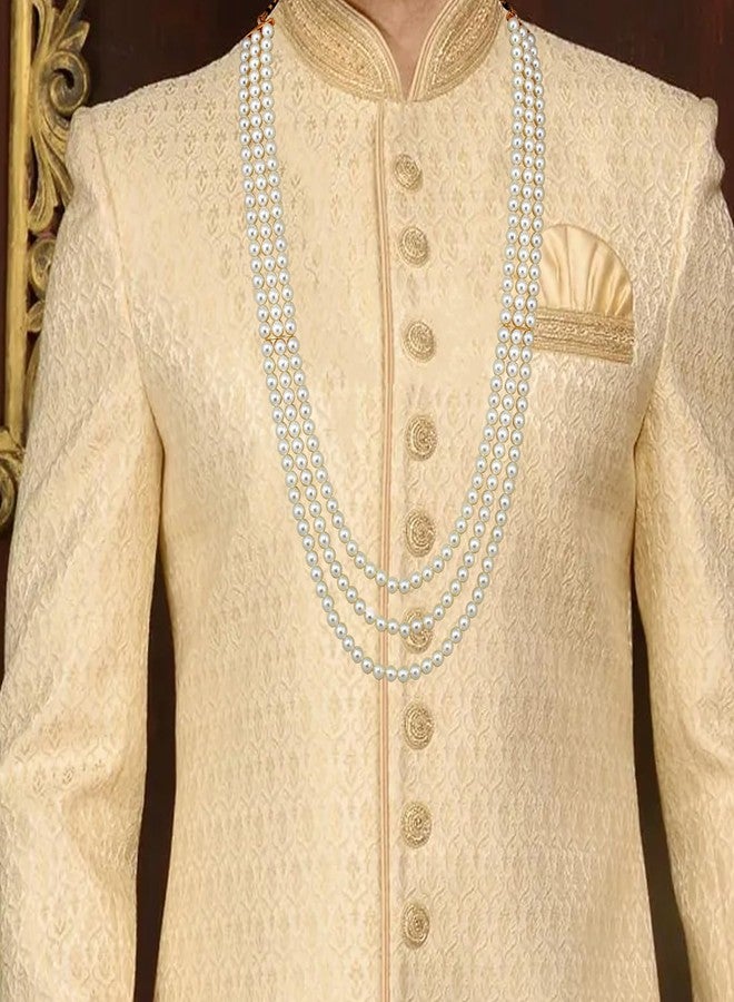 LUCKY JEWELLERY قلادة العريس الطويلة التقليدية ذات اللون الأبيض من اللؤلؤ الموتي - ثلاث طبقات للرجال | قلادة العريس لحفلات الزفاف (274-TDM-7823-W) - Image 5