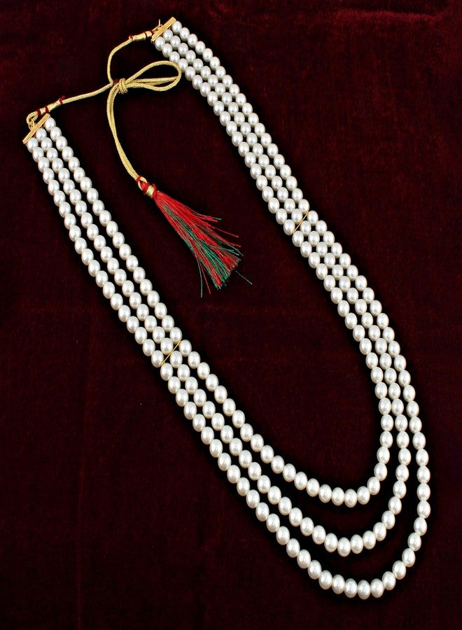 LUCKY JEWELLERY قلادة العريس الطويلة التقليدية ذات اللون الأبيض من اللؤلؤ الموتي - ثلاث طبقات للرجال | قلادة العريس لحفلات الزفاف (274-TDM-7823-W) - Image 4