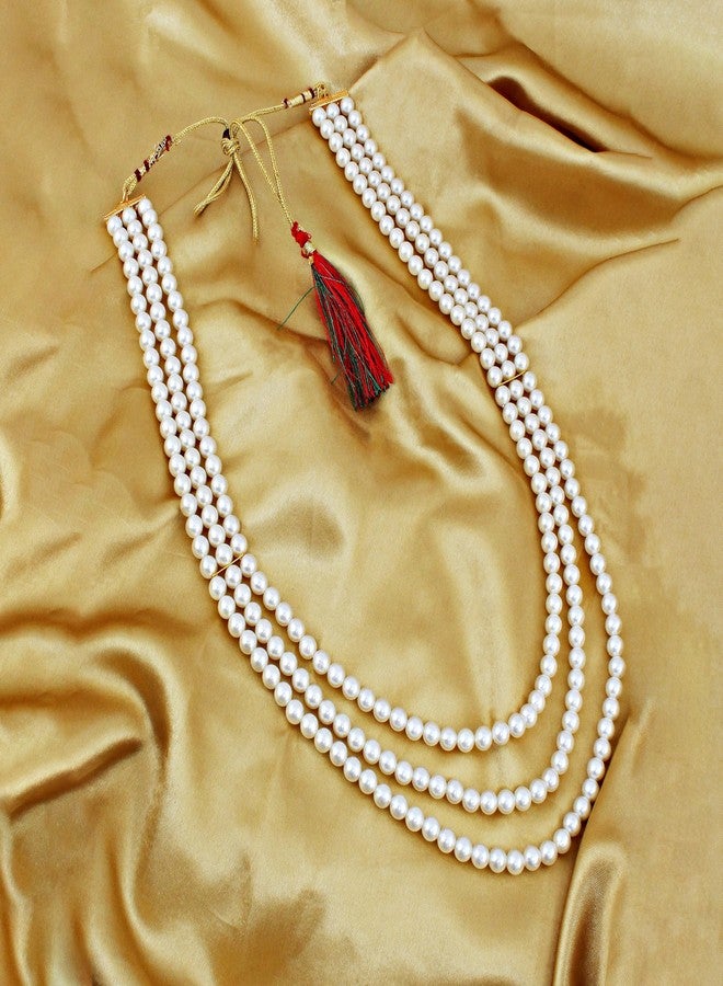 LUCKY JEWELLERY قلادة العريس الطويلة التقليدية ذات اللون الأبيض من اللؤلؤ الموتي - ثلاث طبقات للرجال | قلادة العريس لحفلات الزفاف (274-TDM-7823-W) - Image 2