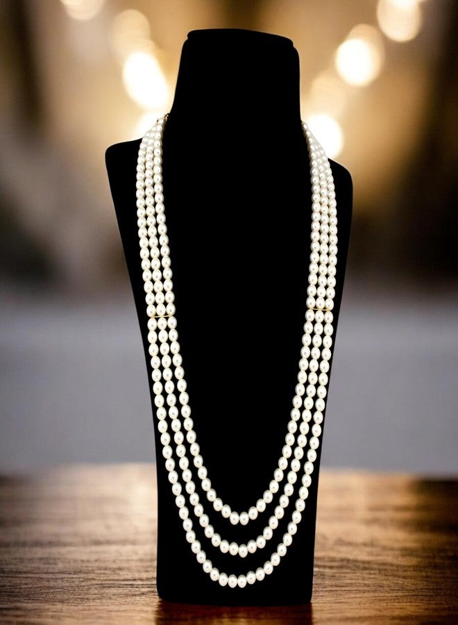 LUCKY JEWELLERY قلادة العريس الطويلة التقليدية ذات اللون الأبيض من اللؤلؤ الموتي - ثلاث طبقات للرجال | قلادة العريس لحفلات الزفاف (274-TDM-7823-W) - Image 3