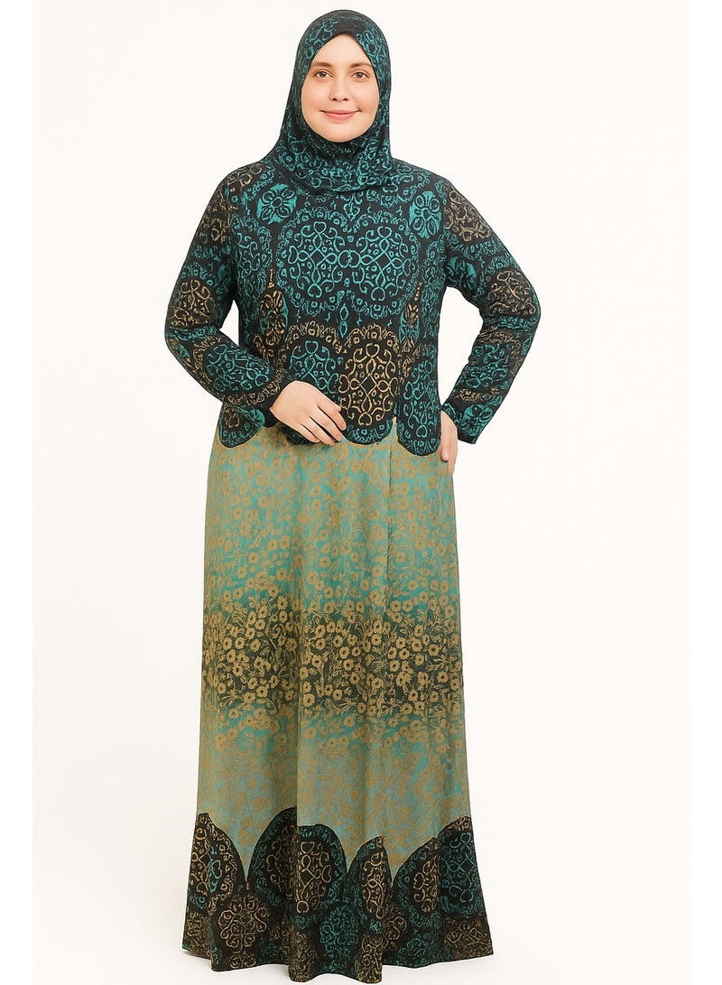 فستان عباية صلاة أنيق بطبعة زهور للنساء، فستان ماكسي إسلامي بأكمام طويلة مع حجاب