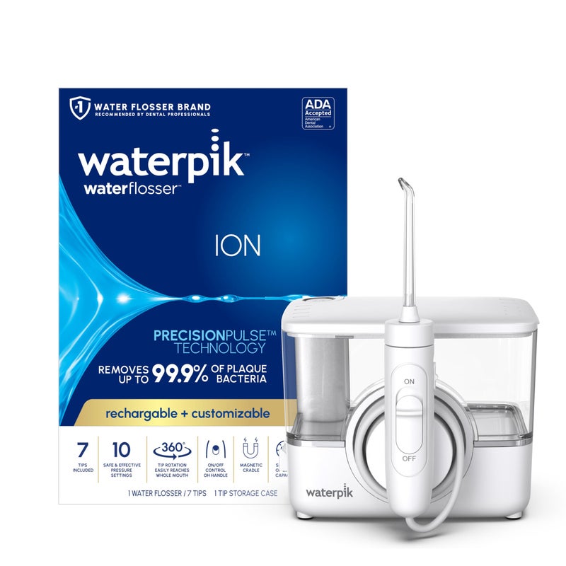 Waterpik جهاز تنظيف الأسنان بالماء الاحترافي من ووتر بيك ION، قابل لإعادة الشحن ومحمول للأسنان واللثة والأقواس، 10 إعدادات، 7 نصائح للتنظيف لعدة مستخدمين واحتياجات، معتمد من ADA، WF-12 أبيض، قد يختلف التعبئة - Image 1