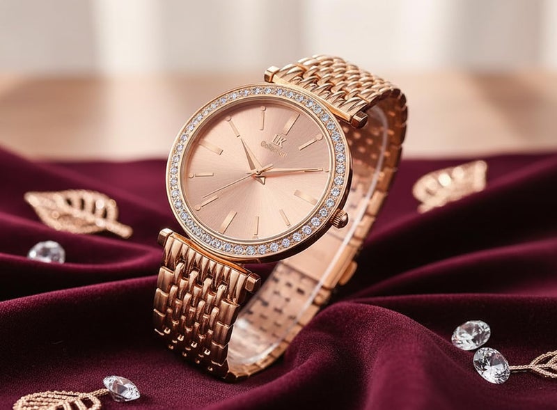 IIK COLLECTION Watches for Women Round Diamond Studded Dial Analogue Quartz Movement Ladies Watch Stainless Steel Adjustable Bracelet Chain Fancy Jewellery Clasp Watches for Girls. - Image 3