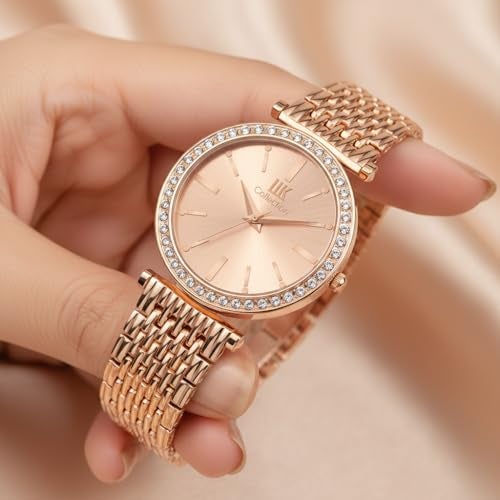 IIK COLLECTION Watches for Women Round Diamond Studded Dial Analogue Quartz Movement Ladies Watch Stainless Steel Adjustable Bracelet Chain Fancy Jewellery Clasp Watches for Girls. - Image 2