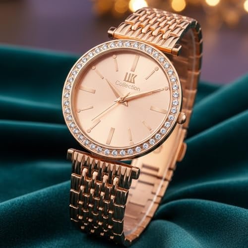 IIK COLLECTION Watches for Women Round Diamond Studded Dial Analogue Quartz Movement Ladies Watch Stainless Steel Adjustable Bracelet Chain Fancy Jewellery Clasp Watches for Girls. - Image 1