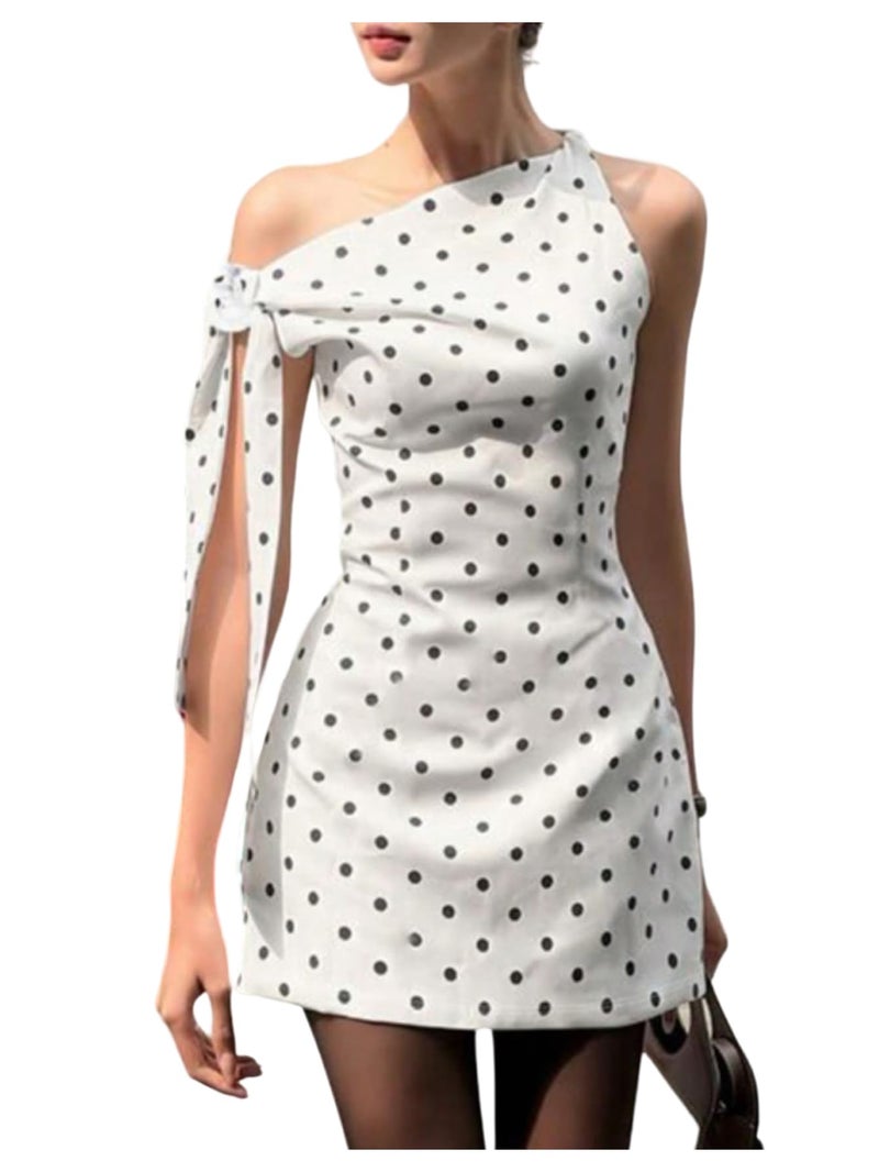 Floerns Women's Polka Dots Off The Shoulder Mini Dress Knot Side Retro Bodycon Dresses White Small - Image 1
