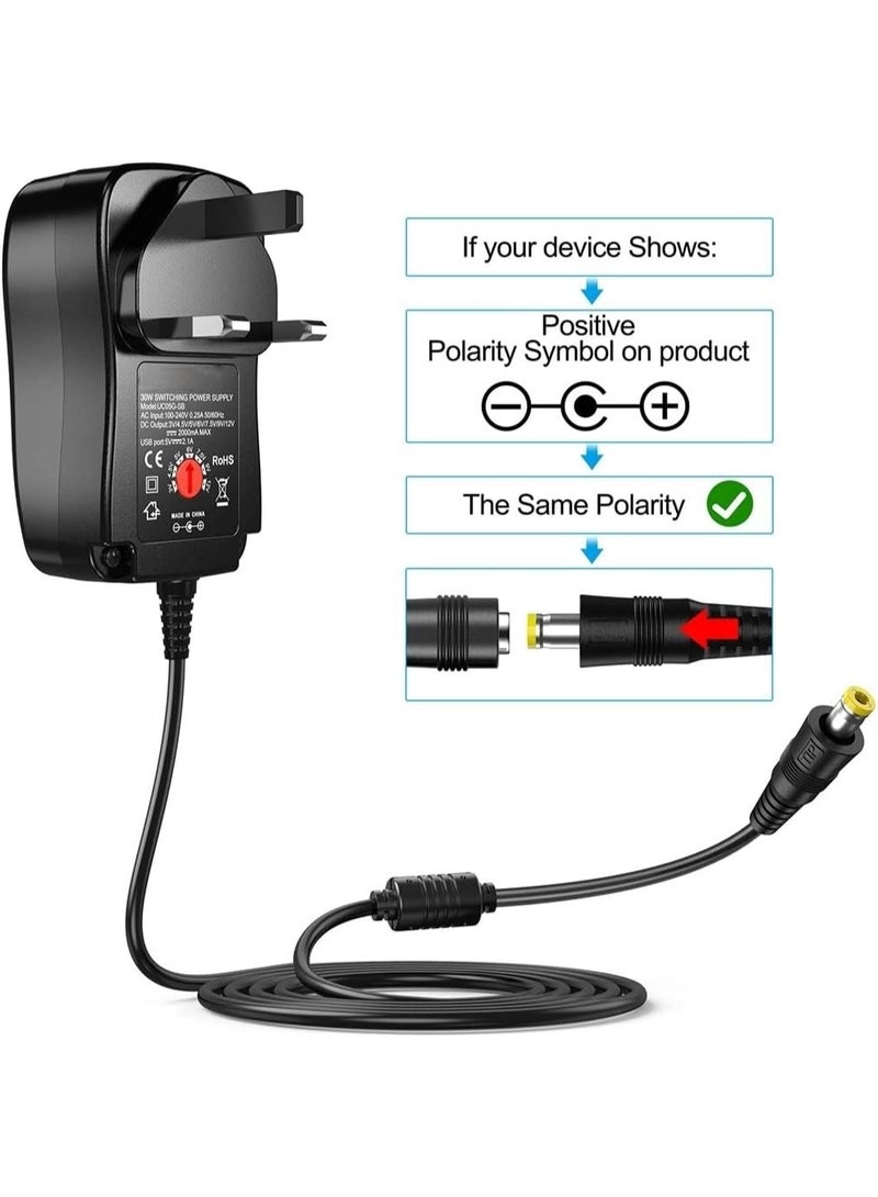 Salab Universal AC/DC Adapter, 30W Switching Power Supply with 6 Selectable Adapter Plugs for 3V 4.5V 5V 6V 7.5V 9V 12V Household Electronics and LED Strip - 2000mA Max - Image 2
