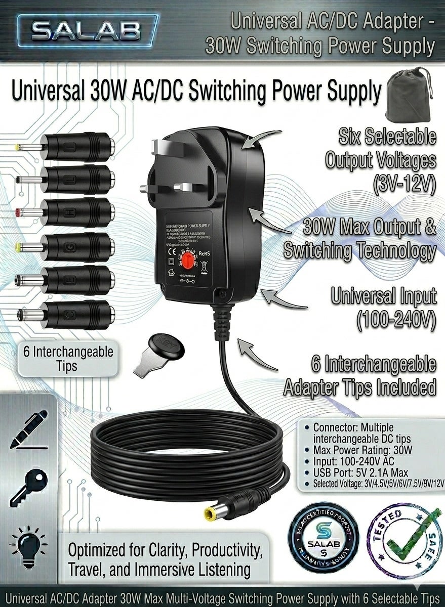 Salab Universal AC/DC Adapter, 30W Switching Power Supply with 6 Selectable Adapter Plugs for 3V 4.5V 5V 6V 7.5V 9V 12V Household Electronics and LED Strip - 2000mA Max