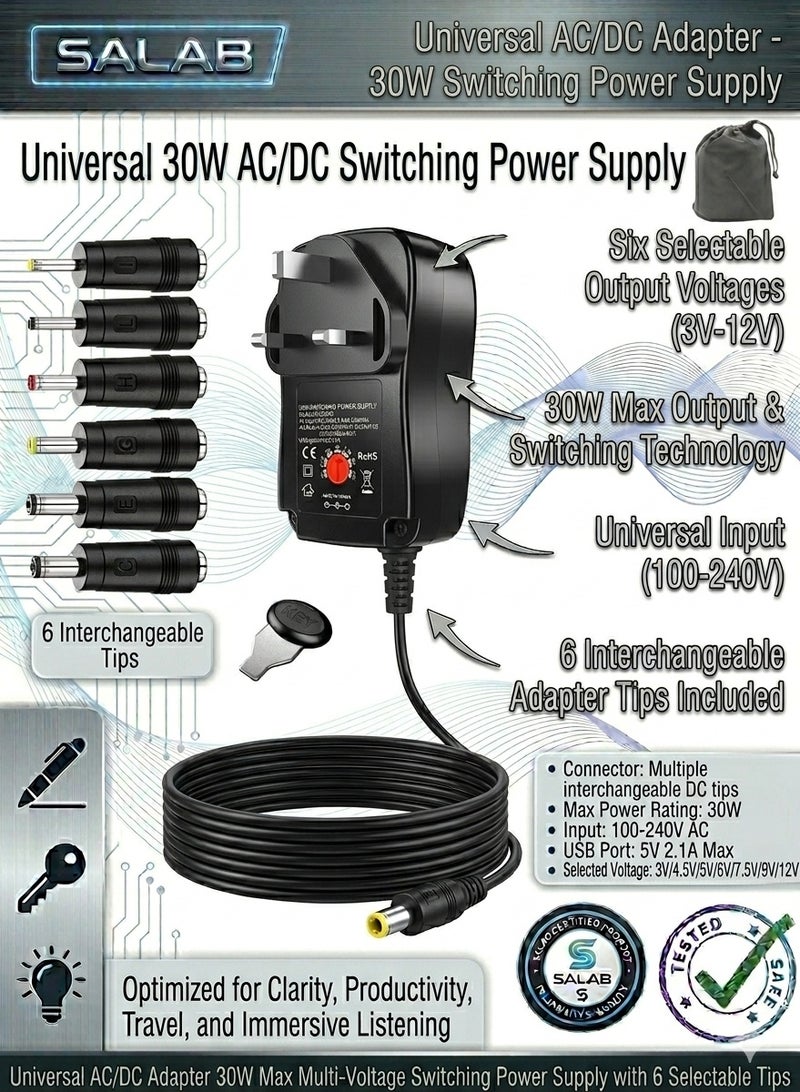 Salab Universal AC/DC Adapter, 30W Switching Power Supply with 6 Selectable Adapter Plugs for 3V 4.5V 5V 6V 7.5V 9V 12V Household Electronics and LED Strip - 2000mA Max - Image 1