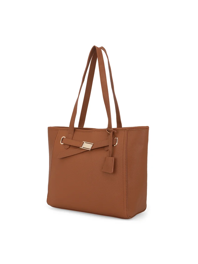 globus Globus Women Tan Textured Buckle Detail Double Handle Workwear Tote Bag
