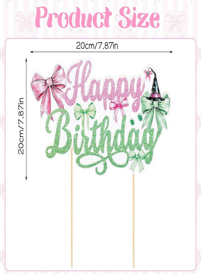 Matwsec Happy Birthday Witch Cake Topper, Glitter Bow Witch Cake Decorations Birthday Party Pick for Women Girls Halloween Fantasy Themed Party Supplies Pink and Green - Image 2