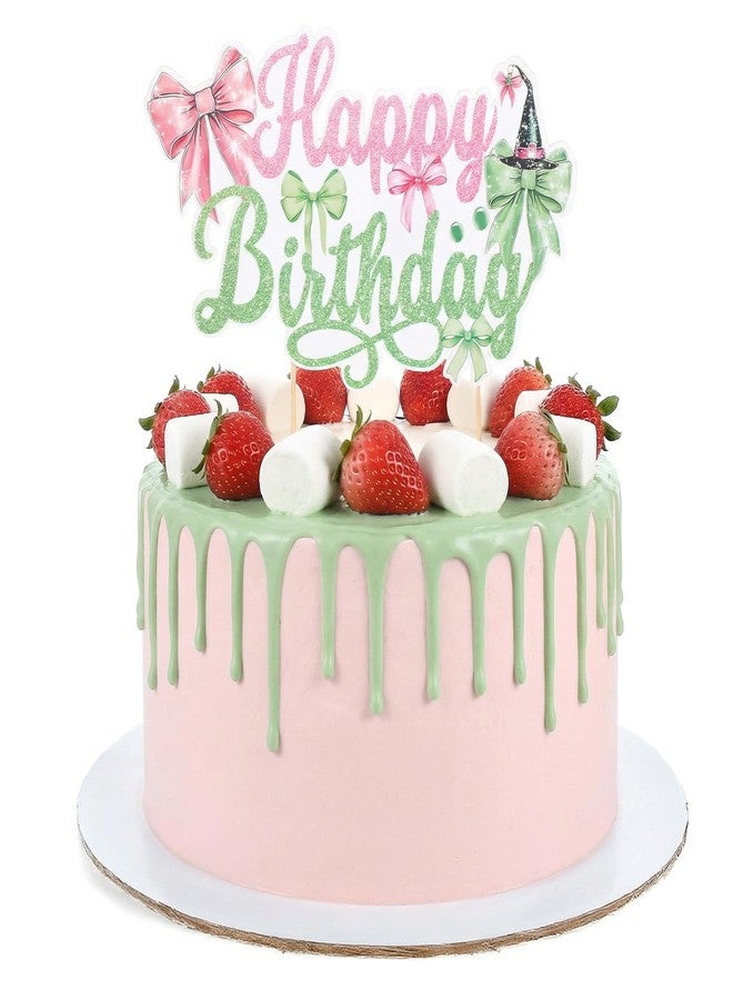 Matwsec Happy Birthday Witch Cake Topper, Glitter Bow Witch Cake Decorations Birthday Party Pick for Women Girls Halloween Fantasy Themed Party Supplies Pink and Green - Image 3
