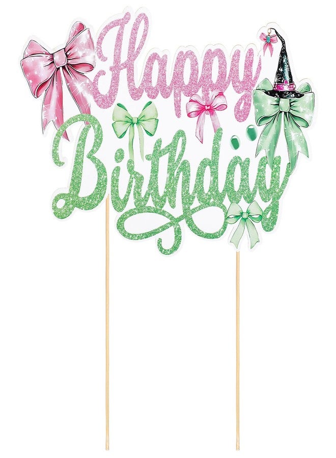 Matwsec Happy Birthday Witch Cake Topper, Glitter Bow Witch Cake Decorations Birthday Party Pick for Women Girls Halloween Fantasy Themed Party Supplies Pink and Green - Image 1