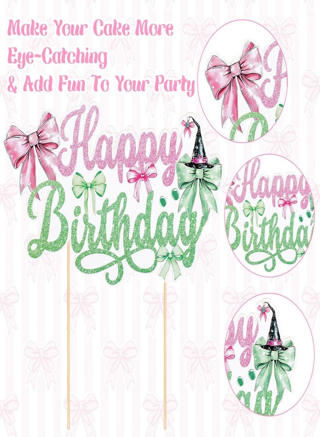 Matwsec Happy Birthday Witch Cake Topper, Glitter Bow Witch Cake Decorations Birthday Party Pick for Women Girls Halloween Fantasy Themed Party Supplies Pink and Green - Image 4