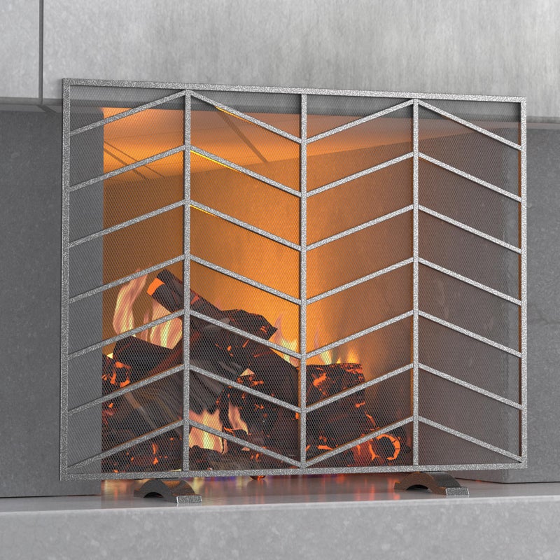 Fire Beauty شاشة مدفأة من الحديد المطاوع المصنوعة يدويًا بتصميم شبكي مفرد لحماية من الشرر للديكور في غرفة المعيشة أو غرفة النوم - لون Pewter