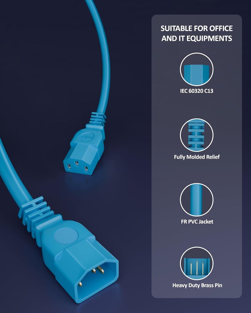 FEDUS كابل طاقة ربط IEC C13 إلى C14 بطول 5 متر 250 فولت ذكر إلى أنثى، كابل تمديد طاقة 18AWG 10A للكمبيوتر، الطابعة، SMPS، الشاشة، الخادم، كابل تمديد طاقة ثقيل الوزن باللون الأزرق - Image 4