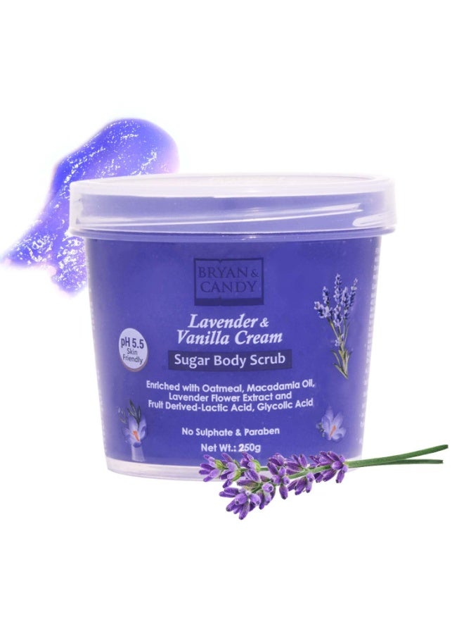 Bryan & Candy Sugar Body Scrub PH 5.5 For Tan Removal & Exfoliation | For Women & Men | 250g (Lavender & Vanilla Cream) - Image 1