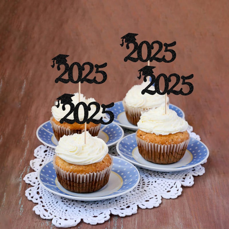 Rsstarxi 24 Pack Graduation Cupcake Toppers 2025 Glitter Congrats Grad Cap Cupcake Picks Decorations for Class of 2025 Graduation Party Cake Decorations Black - Image 3