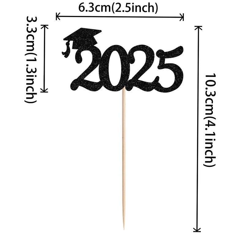 Rsstarxi 24 Pack Graduation Cupcake Toppers 2025 Glitter Congrats Grad Cap Cupcake Picks Decorations for Class of 2025 Graduation Party Cake Decorations Black - Image 2