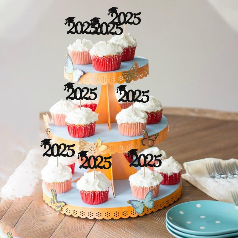 Rsstarxi 24 Pack Graduation Cupcake Toppers 2025 Glitter Congrats Grad Cap Cupcake Picks Decorations for Class of 2025 Graduation Party Cake Decorations Black - Image 5