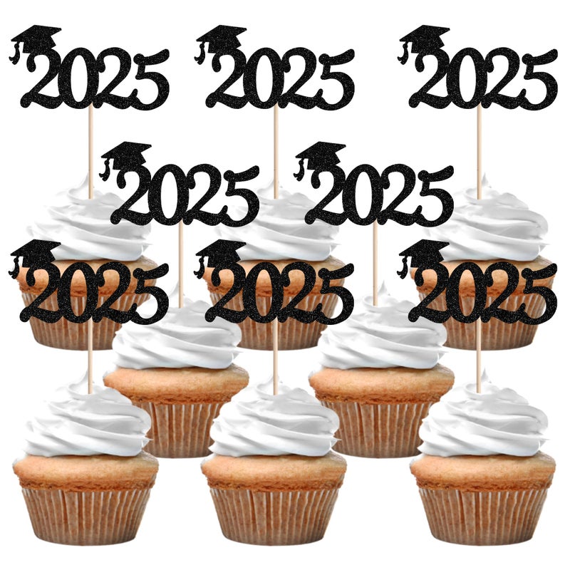 Rsstarxi 24 Pack Graduation Cupcake Toppers 2025 Glitter Congrats Grad Cap Cupcake Picks Decorations for Class of 2025 Graduation Party Cake Decorations Black - Image 1