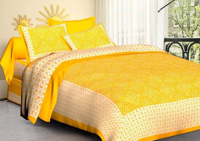 PURE COTTON CLASSIC RAJASTHANI TRADITIONAL CHUNARI PRINTED DOUBLE BED SHEET WITH PILLOW COVERS YELLOW QUEEN SIZE