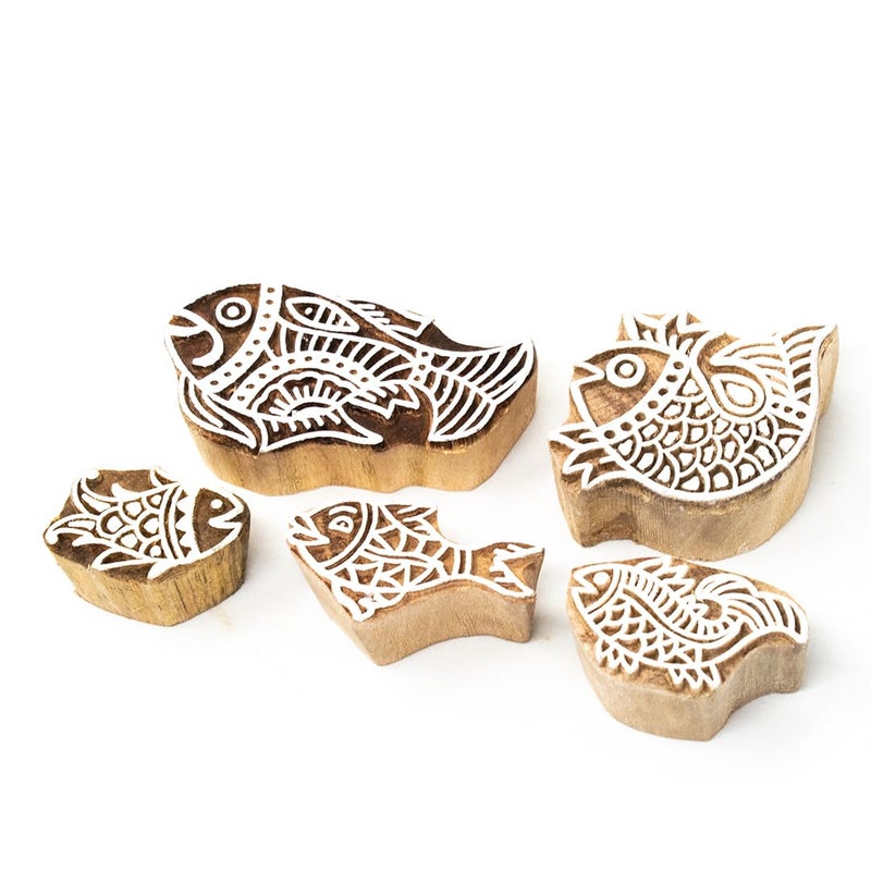 TWOGRAMS Wooden Fish Design Printing Stamps - Blocks for Printing Saree Border/Dresses/Craft Card Making/Scrapbook/Clay Pottery | Set of 5 | - Image 2