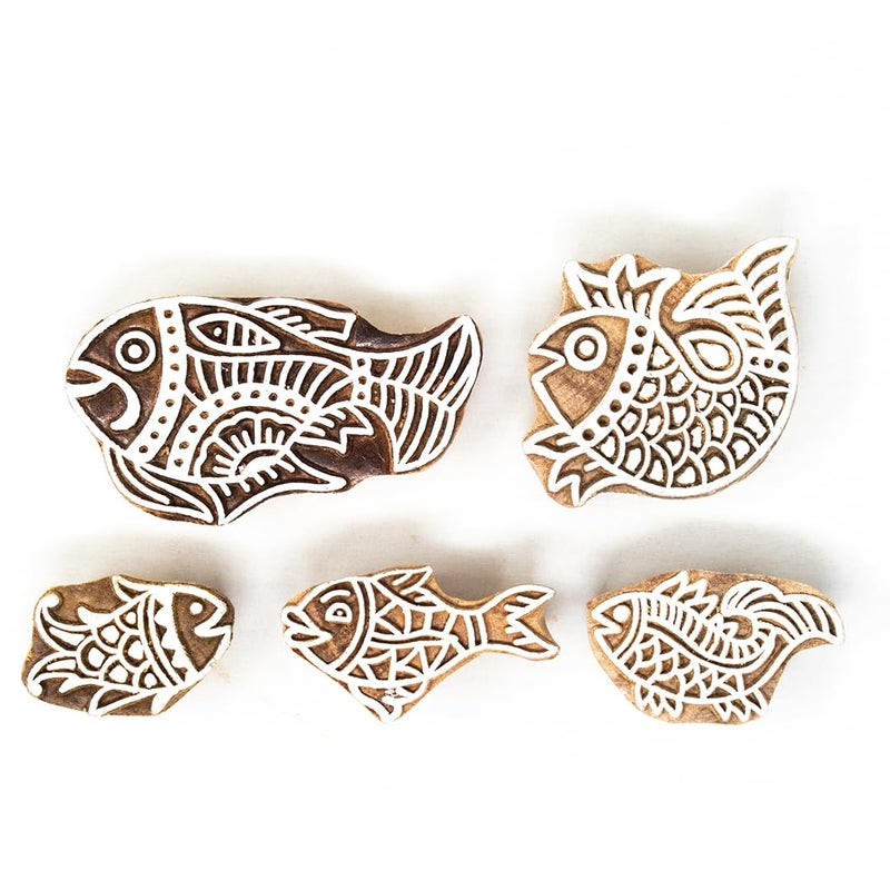 TWOGRAMS Wooden Fish Design Printing Stamps - Blocks for Printing Saree Border/Dresses/Craft Card Making/Scrapbook/Clay Pottery | Set of 5 | - Image 1