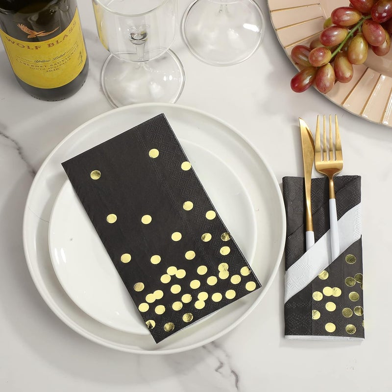 klarako 3-ply Black and Gold Dot Disposable Napkin 13 x 16 Inch Black and Gold Foil Napkins Paper for Party Supplies Cocktail Wedding Birthday Anniversary Halloween Christmas Party Event (100 Pack) - Image 5