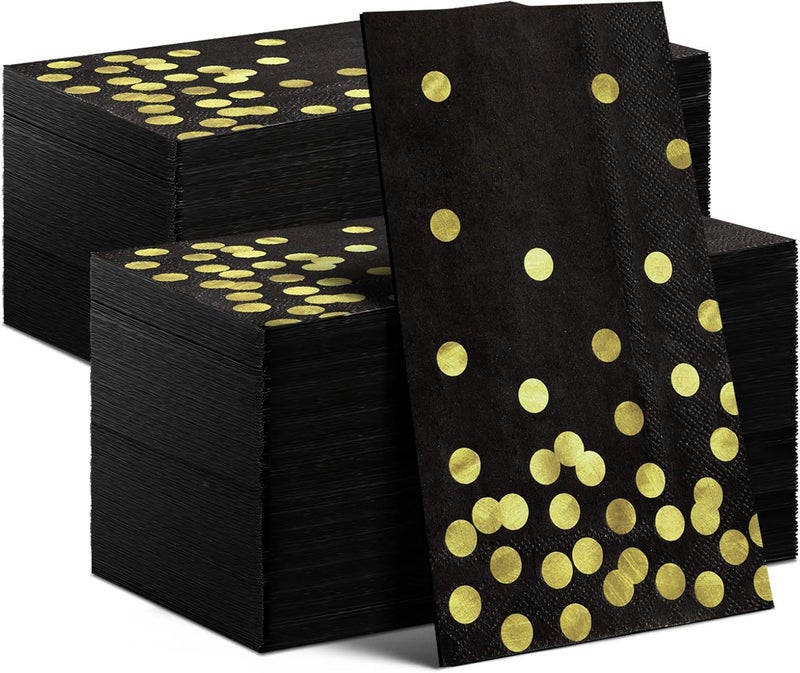klarako 3-ply Black and Gold Dot Disposable Napkin 13 x 16 Inch Black and Gold Foil Napkins Paper for Party Supplies Cocktail Wedding Birthday Anniversary Halloween Christmas Party Event (100 Pack) - Image 1
