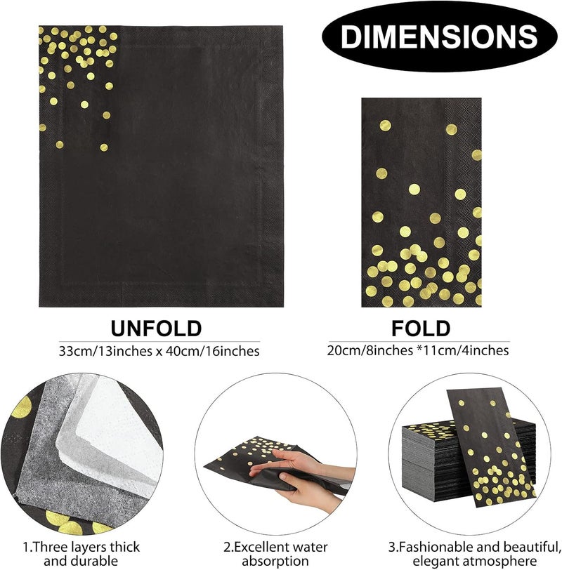 klarako 3-ply Black and Gold Dot Disposable Napkin 13 x 16 Inch Black and Gold Foil Napkins Paper for Party Supplies Cocktail Wedding Birthday Anniversary Halloween Christmas Party Event (100 Pack) - Image 2