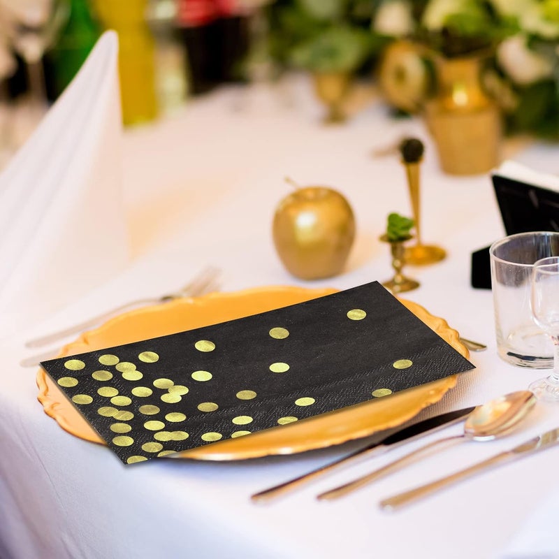 klarako 3-ply Black and Gold Dot Disposable Napkin 13 x 16 Inch Black and Gold Foil Napkins Paper for Party Supplies Cocktail Wedding Birthday Anniversary Halloween Christmas Party Event (100 Pack) - Image 4