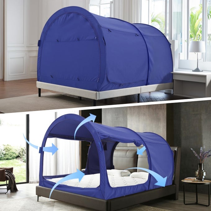 BED CANOPY BED TENTS DREAM TENTS PRIVACY SPACE FULL SIZE SLEEPING TENTS INDOOR POP UP PORTABLE FRAME CURTAINS BREATHABLE GREY COTTAGE MATTRESS NOT INCLUDED REDUCING LIGHT
