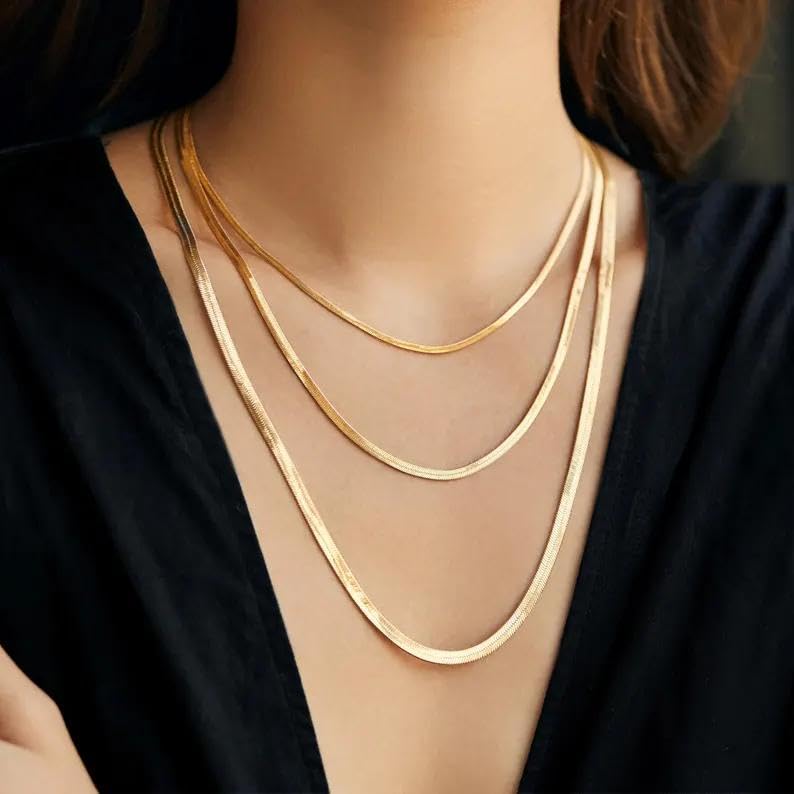 WomenGifts Chunky Gold Stack Herringbone Necklace for Women â€“ 14K Gold Plated Dainty Snake Chain Choker, Trendy Simple Long Layered Jewelry Non Tarnish, 14, 16, 18 Inch Thin & Chunky Options, Gift for Her - Image 2