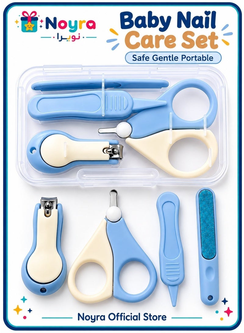Noyra Baby Nail Care Set 4 Tools with Storage Case Nail Clipper Rounded Tip Scissors Tweezers Glass Nail File for Infants and Toddlers Blue - Image 1