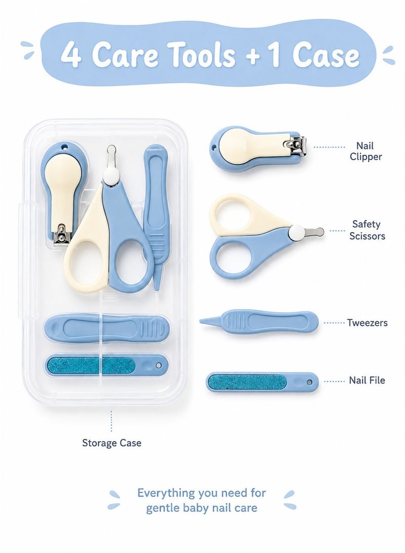 Noyra Baby Nail Care Set 4 Tools with Storage Case Nail Clipper Rounded Tip Scissors Tweezers Glass Nail File for Infants and Toddlers Blue - Image 2