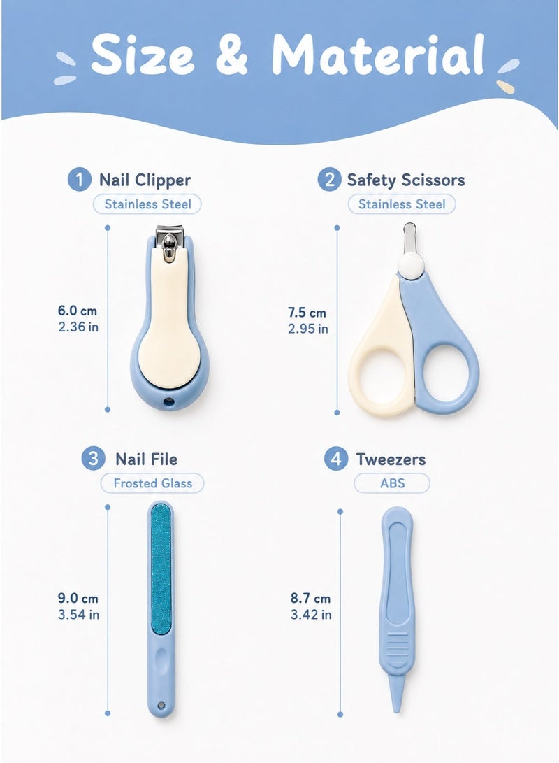 Noyra Baby Nail Care Set 4 Tools with Storage Case Nail Clipper Rounded Tip Scissors Tweezers Glass Nail File for Infants and Toddlers Blue - Image 3