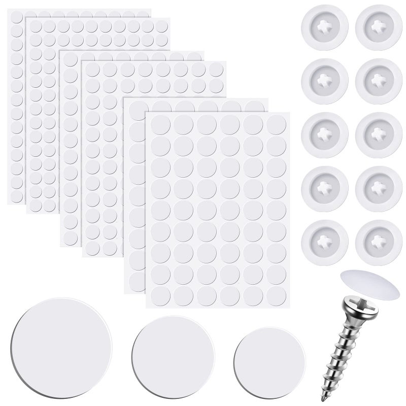 Eersida 100 Pcs Screw Covers Plastic Self Tapping and 580 Pieces Self Adhesive Furniture Screw Hole Cover Stickers for Wood FurnitureWhite