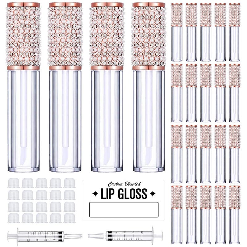 AMORIX 24 Pack Lip Gloss Tubes with Wand 5ml Empty Rhinestone Lip Gloss Containers Cute Lipgloss Bottles Lip Gloss Supplies Kit + 2pcs Syringes + Labels for DIY Lip Gloss Base
