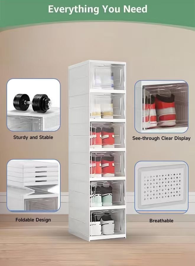 6-tier foldable shoe rack for closet storage boxes Transparent shoebox stackable - white - Image 1