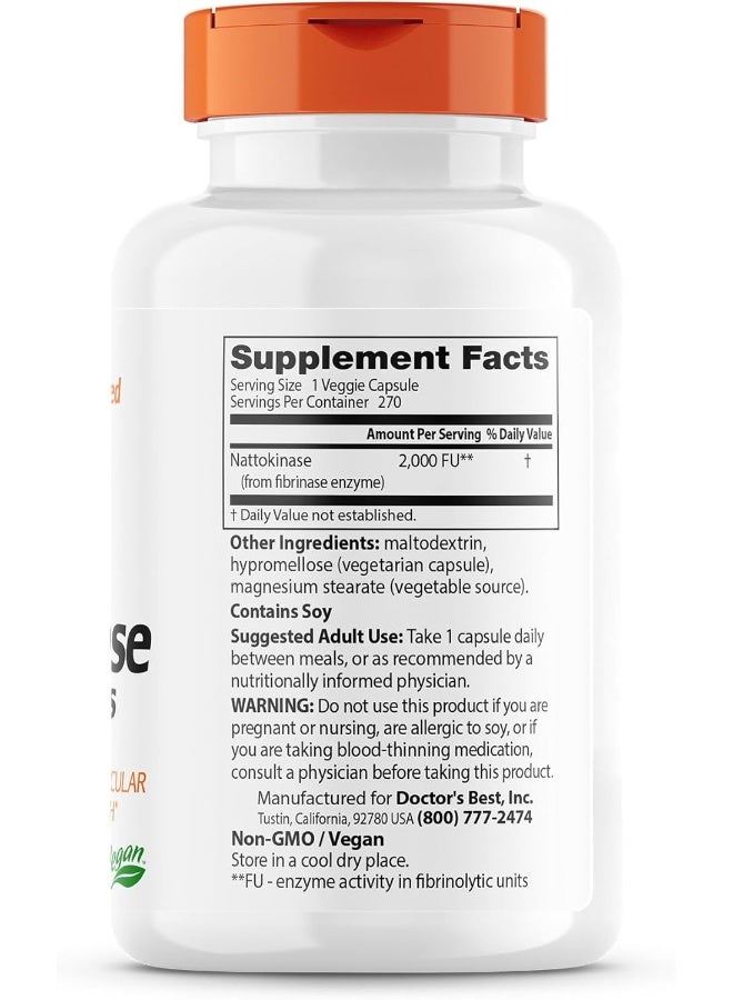 Doctor's BEST Doctor's Best Nattokinase, Non-GMO, Vegan, Gluten Free, 270 Veggie Caps  - Image 2